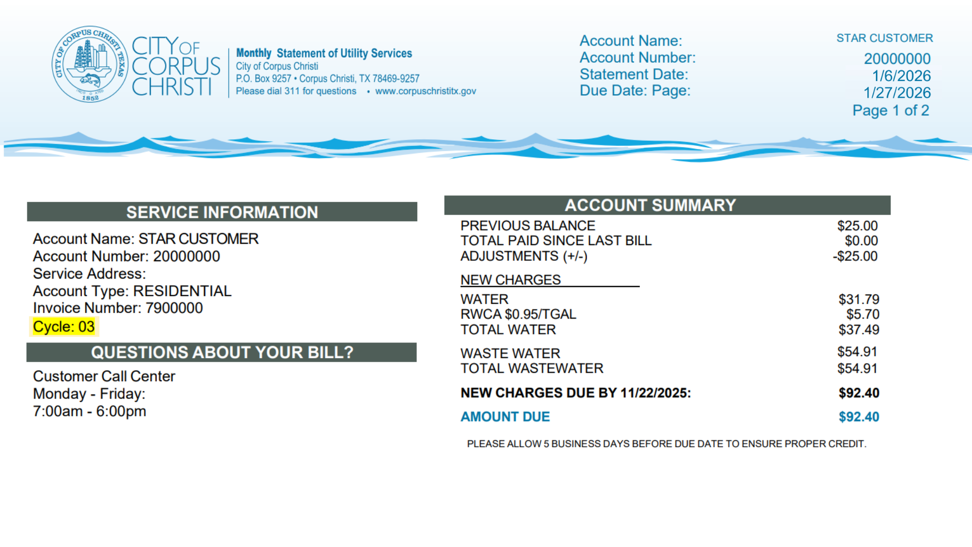 Example bill page showing Cycle under Service Information
